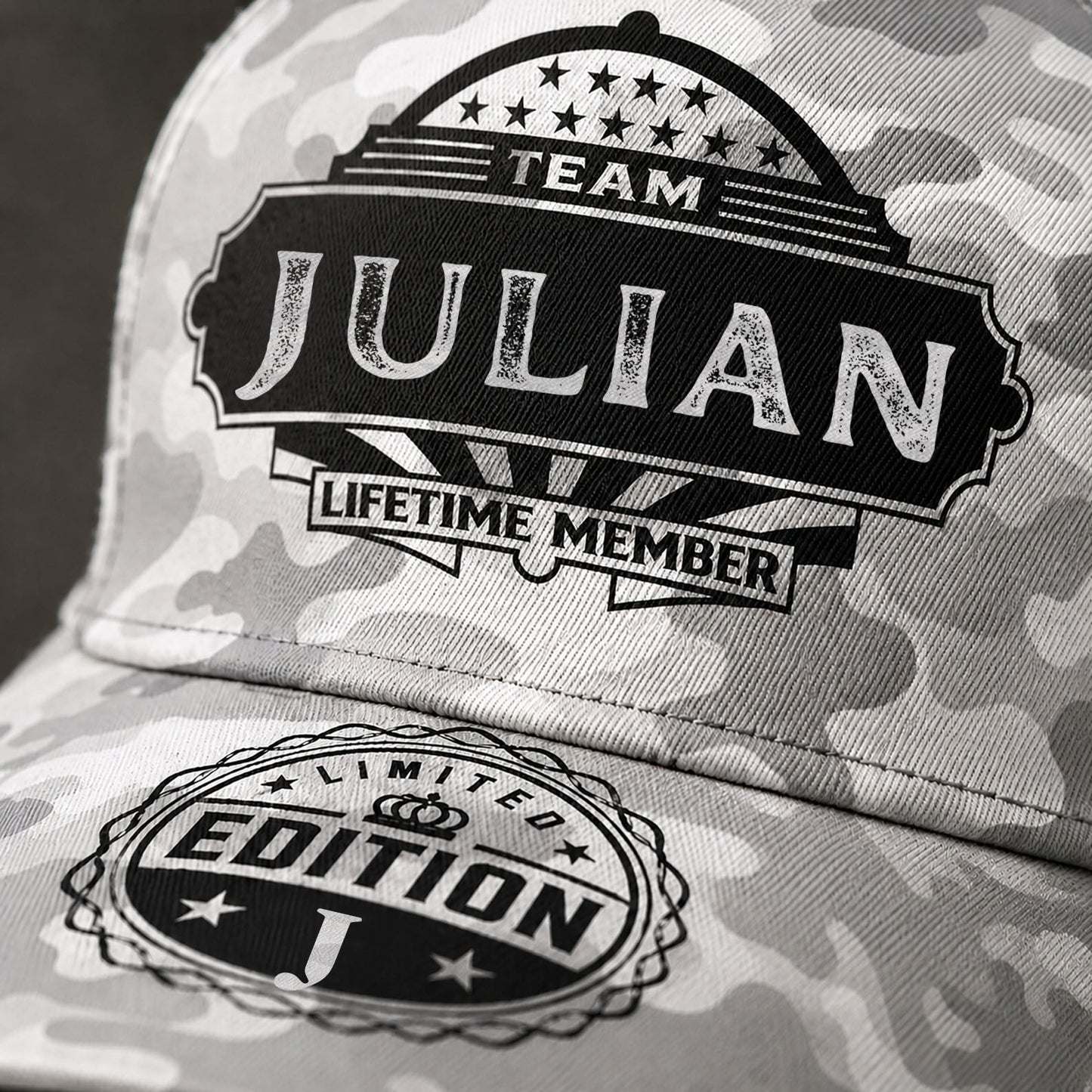 JULIAN TC01 HH79 Team Your Name Hat, Personalized Camo Baseball Cap, Custom Family Gift, Gift for Him Her