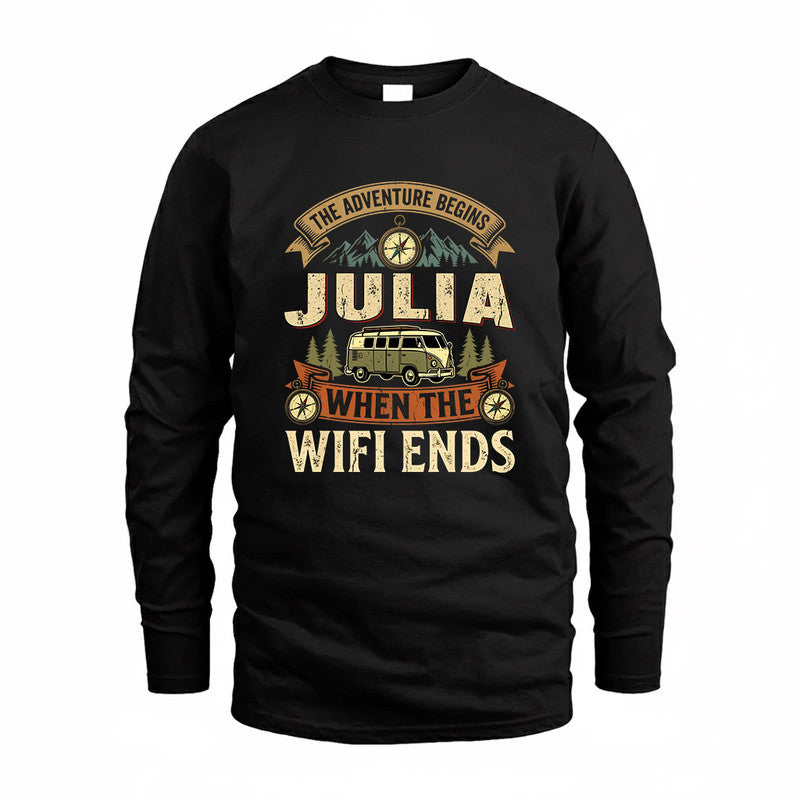 JULIA TT898-K6-229 – Personalized Funny Camping Quote Apparel “The Adventure Begins When The WiFi Ends”