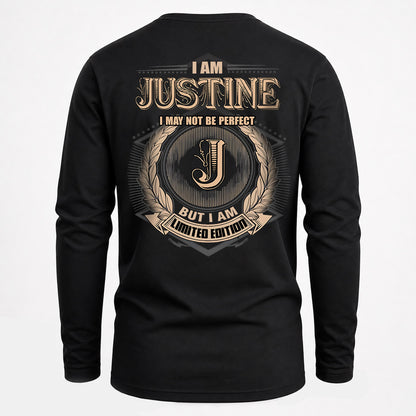 JUSTINE 2K-101–Personalized Name Quote Apparel “I Am NAME May Not Be Perfect But I Am Limited Edition”