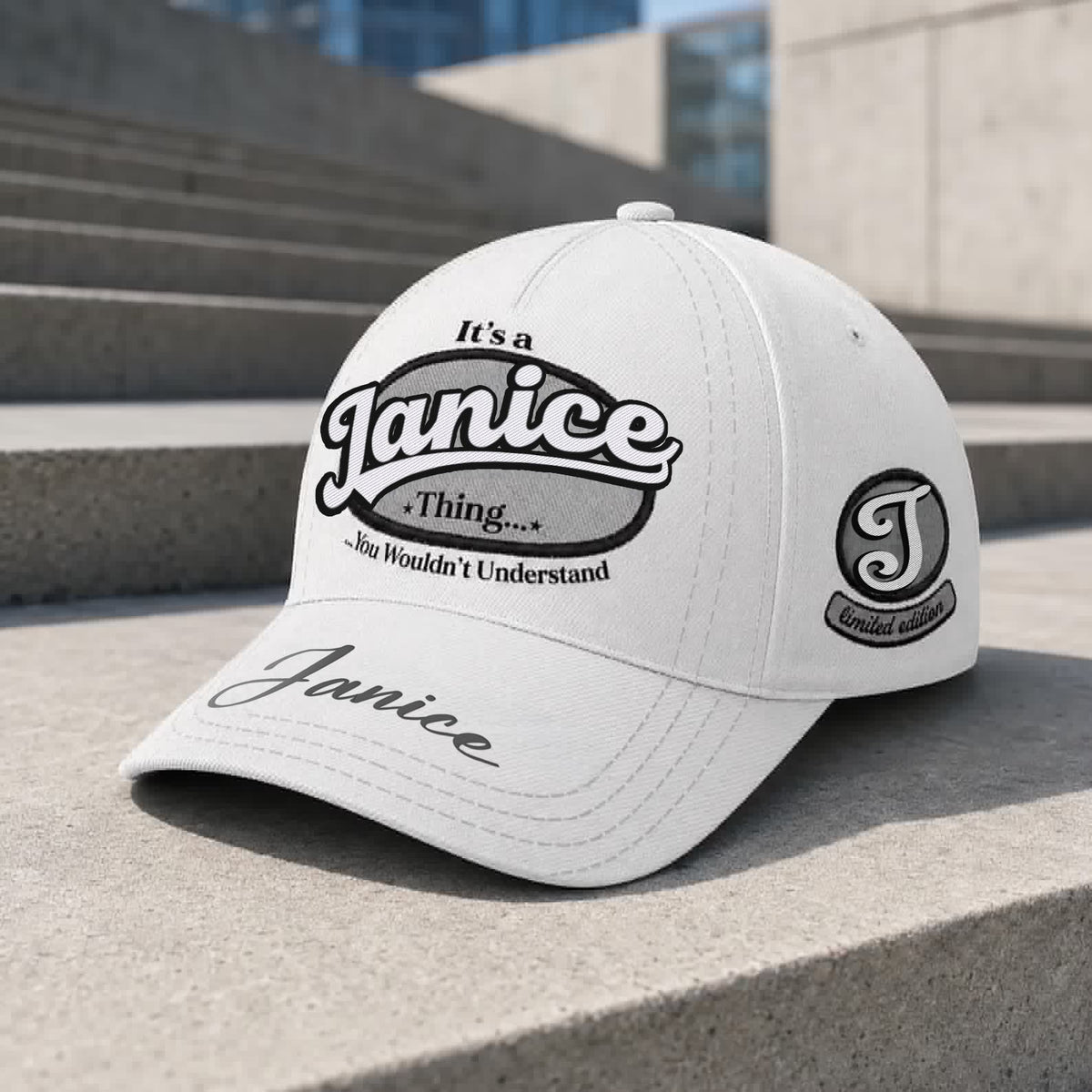 JANICE  TC05 HH79  Personalized Distressed Baseball Cap, Custom Retro Trucker Hat, Statement Dad Cap, White version