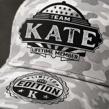 KATE TC01 HH79 Team Your Name Hat, Personalized Camo Baseball Cap, Custom Family Gift, Gift for Him Her