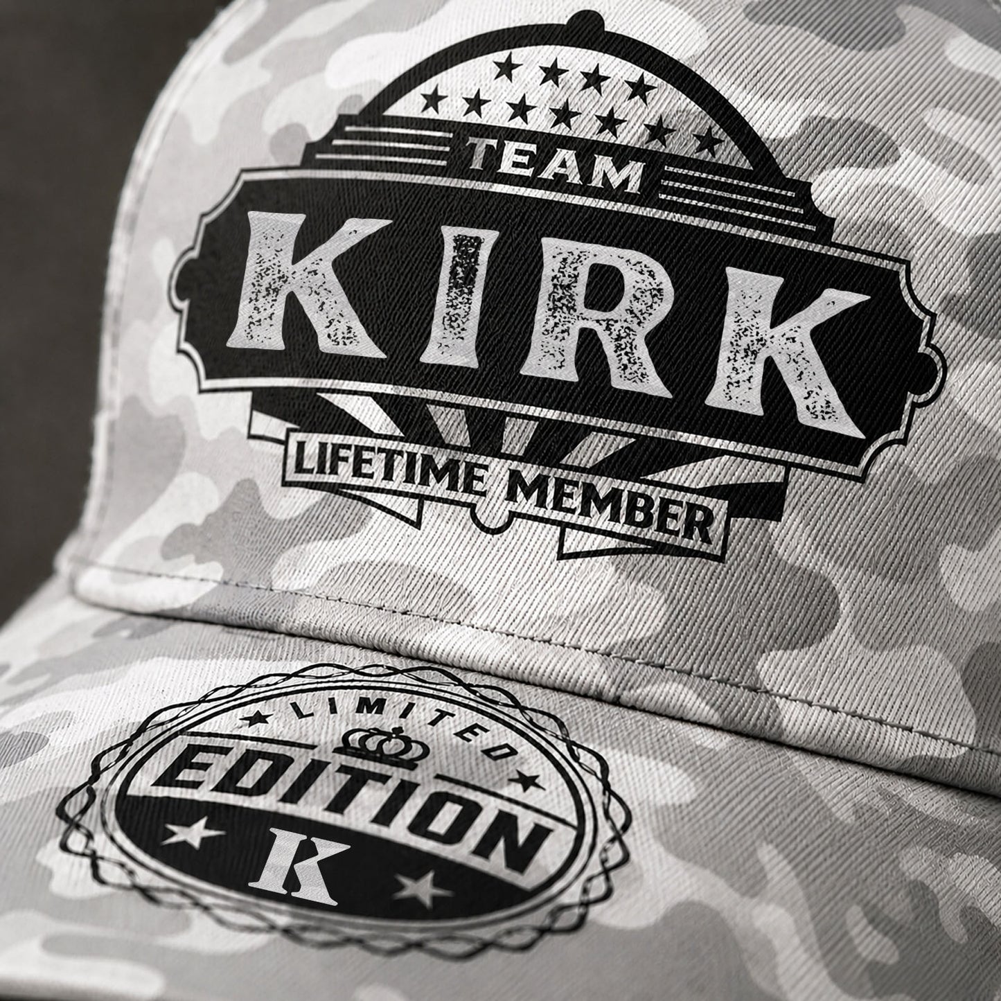 KIRK TC01 HH79 Team Your Name Hat, Personalized Camo Baseball Cap, Custom Family Gift, Gift for Him Her