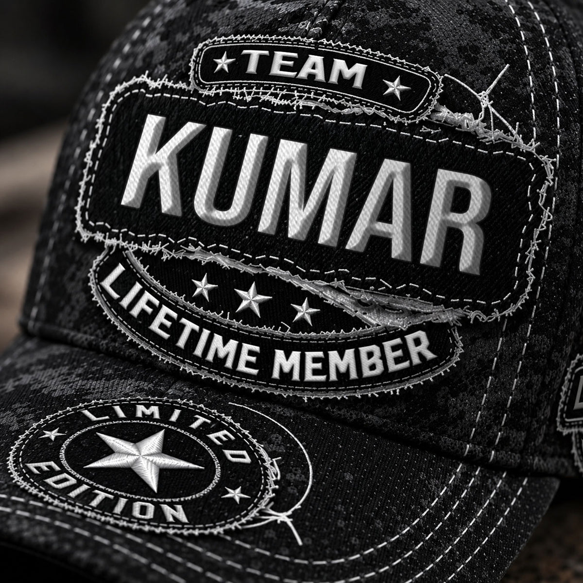 KUMAR TC03 HH79  Personalized Black Camo Baseball Cap, Custom Name Family Hat