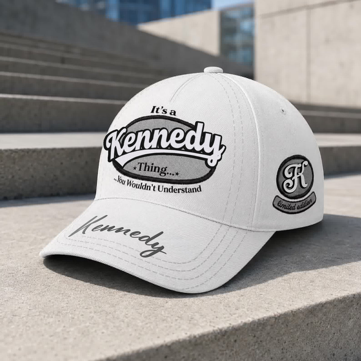 KENNEDY  TC05 HH79  Personalized Distressed Baseball Cap, Custom Retro Trucker Hat, Statement Dad Cap, White version