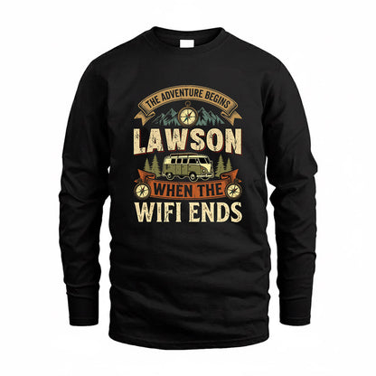 LAWSON TT898-K6-229 – Personalized Funny Camping Quote Apparel “The Adventure Begins When The WiFi Ends”