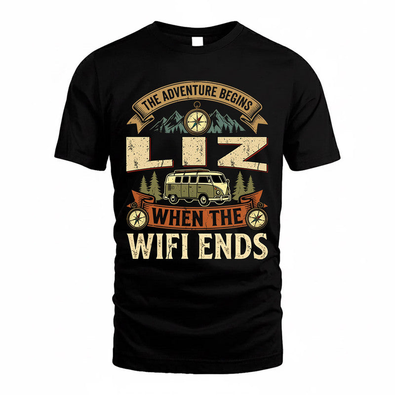 LIZ TT898-K6-229 – Personalized Funny Camping Quote Apparel “The Adventure Begins When The WiFi Ends”