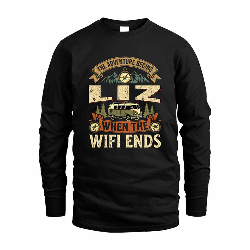 LIZ TT898-K6-229 – Personalized Funny Camping Quote Apparel “The Adventure Begins When The WiFi Ends”