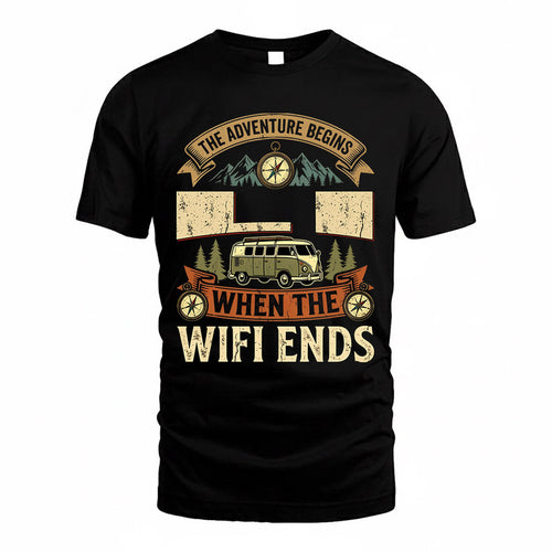 LI TT898-K6-229 – Personalized Funny Camping Quote Apparel “The Adventure Begins When The WiFi Ends”