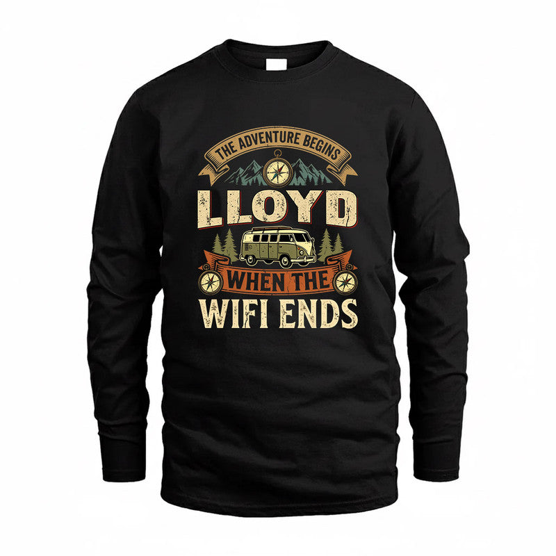 LLOYD TT898-K6-229 – Personalized Funny Camping Quote Apparel “The Adventure Begins When The WiFi Ends”