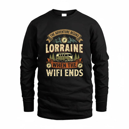 LORRAINE TT898-K6-229 – Personalized Funny Camping Quote Apparel “The Adventure Begins When The WiFi Ends”