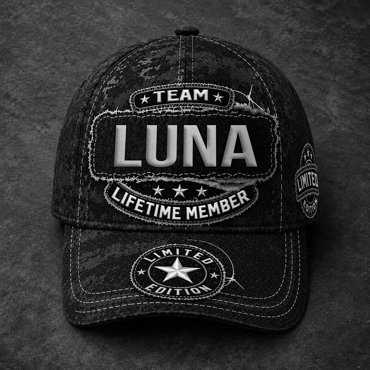 LUNA TC03 HH79  Personalized Black Camo Baseball Cap, Custom Name Family Hat