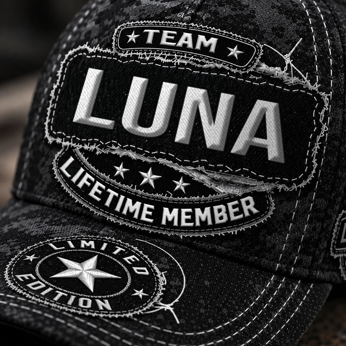 LUNA TC03 HH79  Personalized Black Camo Baseball Cap, Custom Name Family Hat