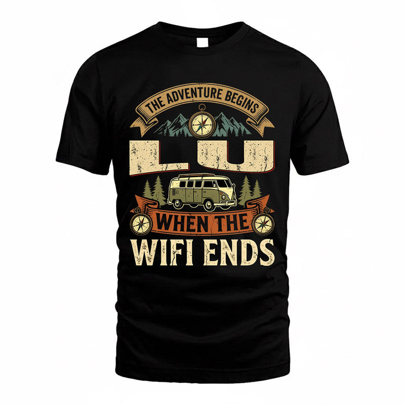 LU TT898-K6-229 – Personalized Funny Camping Quote Apparel “The Adventure Begins When The WiFi Ends”