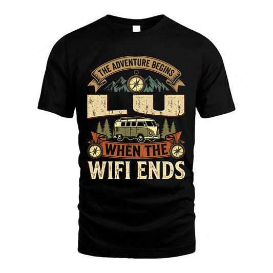 LU TT898-K6-229 – Personalized Funny Camping Quote Apparel “The Adventure Begins When The WiFi Ends”