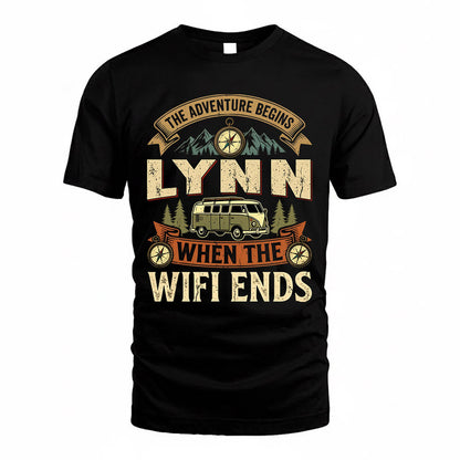 LYNN TT898-K6-229 – Personalized Funny Camping Quote Apparel “The Adventure Begins When The WiFi Ends”