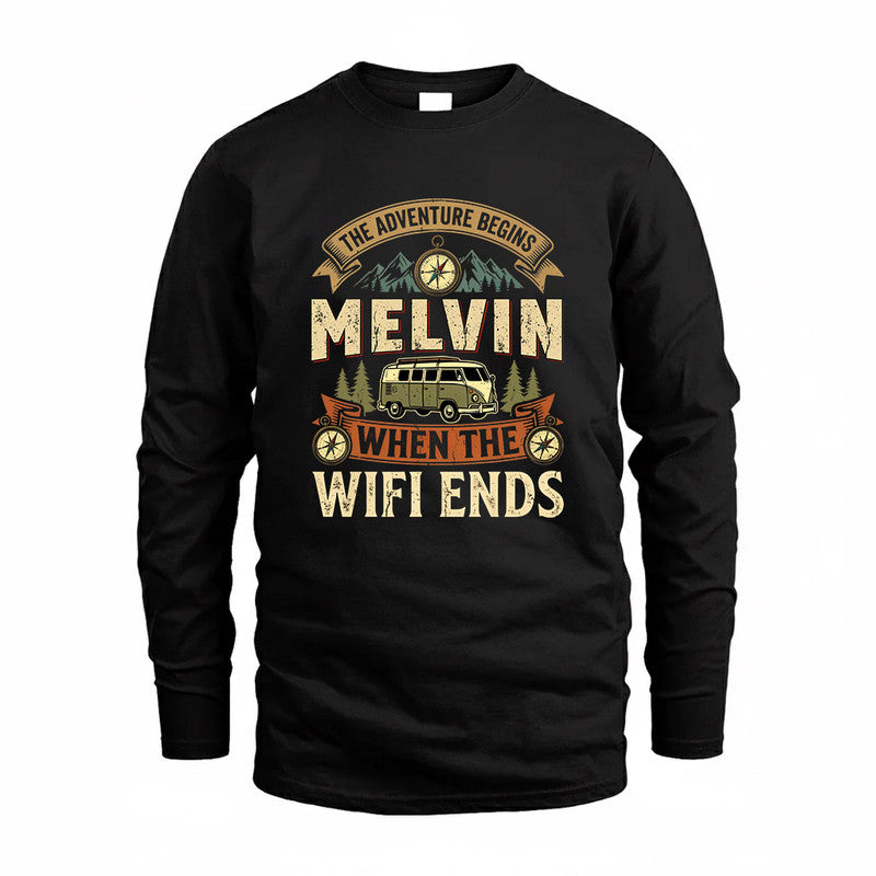 MELVIN TT898-K6-229 – Personalized Funny Camping Quote Apparel “The Adventure Begins When The WiFi Ends”