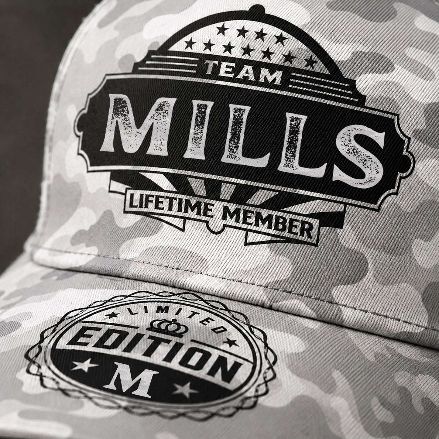 MILLS TC01 HH79 Team Your Name Hat, Personalized Camo Baseball Cap, Custom Family Gift, Gift for Him Her