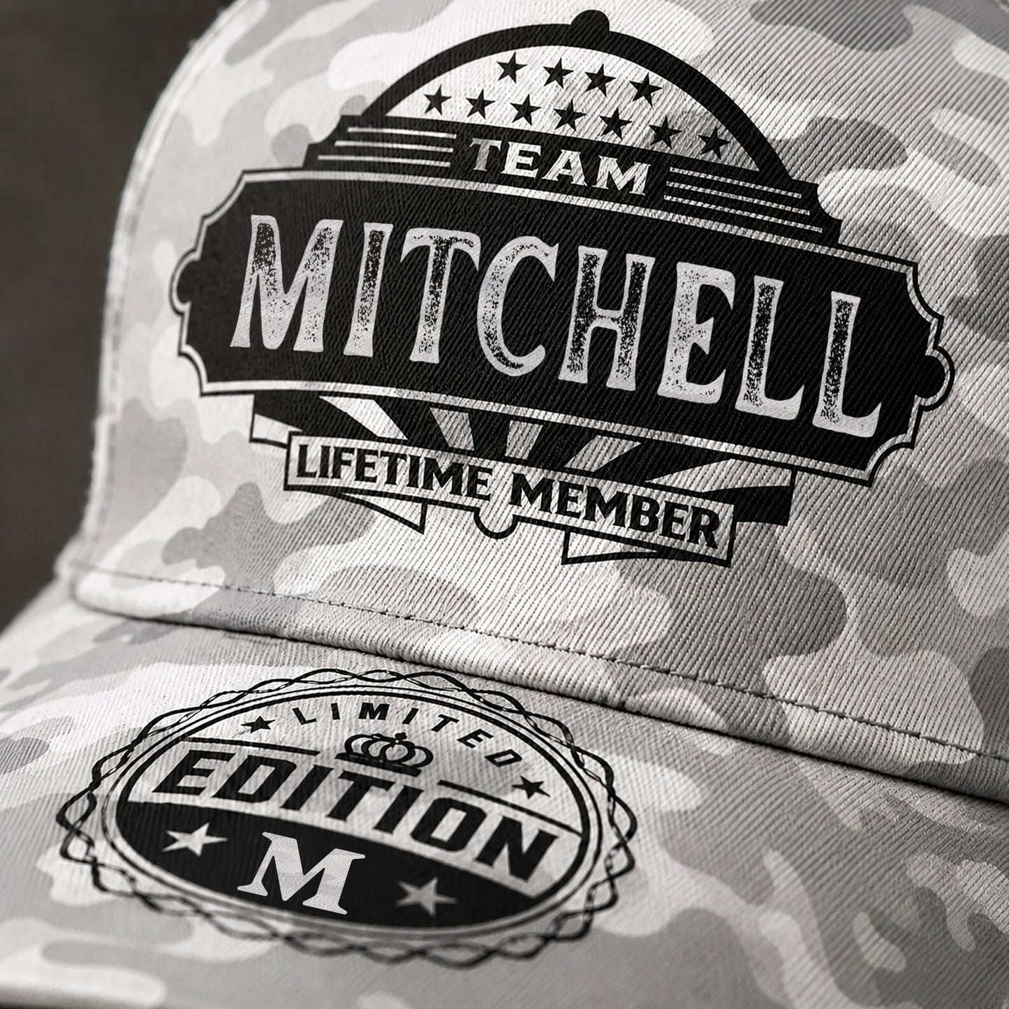 MITCHELL TC01 HH79 Team Your Name Hat, Personalized Camo Baseball Cap, Custom Family Gift, Gift for Him Her