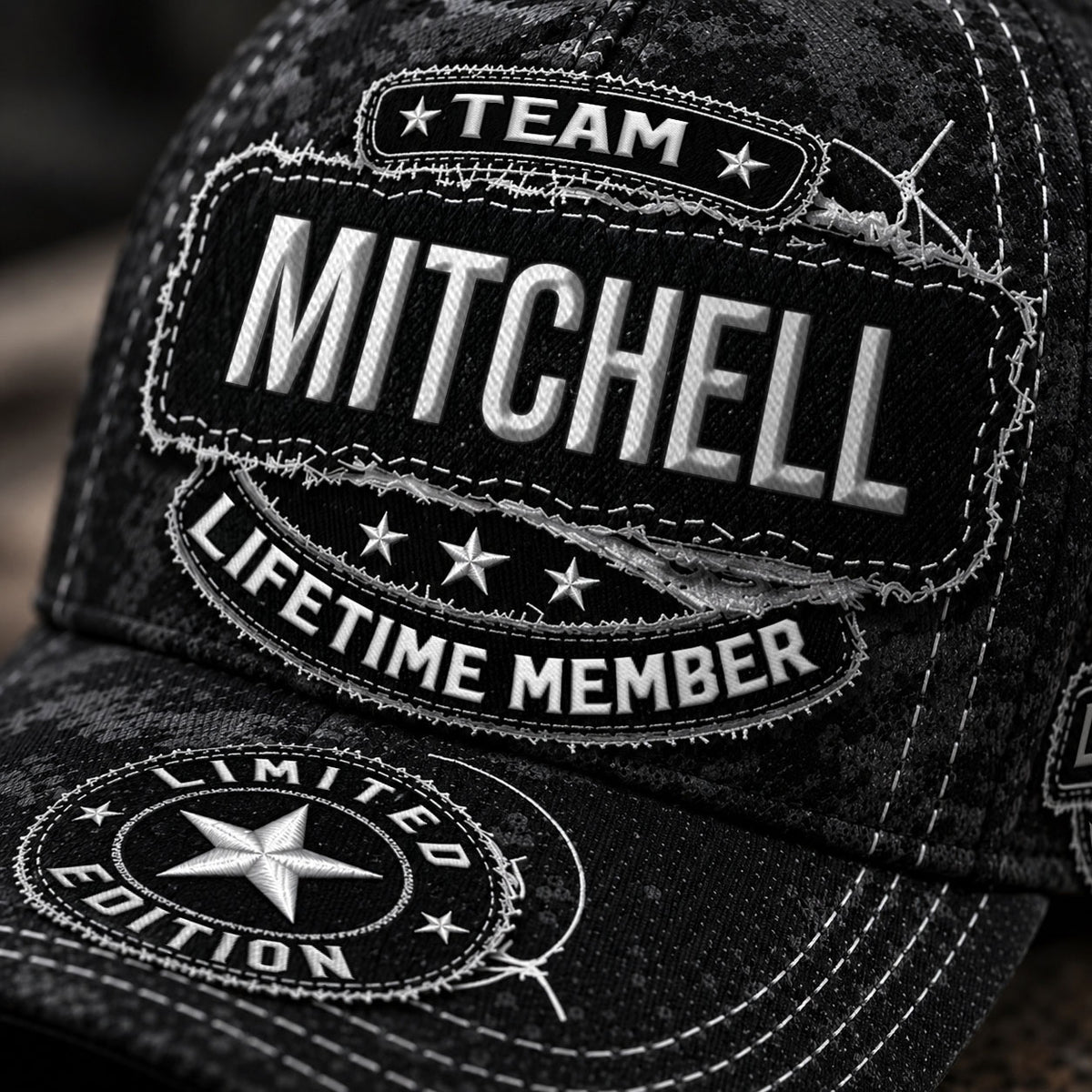 MITCHELL TC03 HH79  Personalized Black Camo Baseball Cap, Custom Name Family Hat