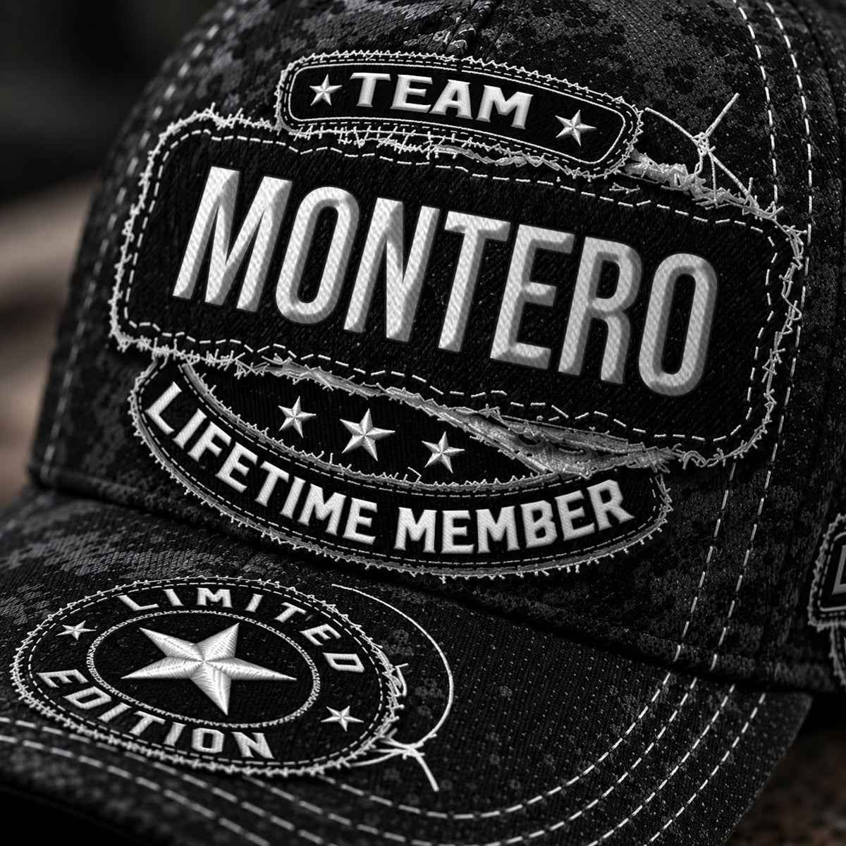MONTERO TC03 HH79  Personalized Black Camo Baseball Cap, Custom Name Family Hat