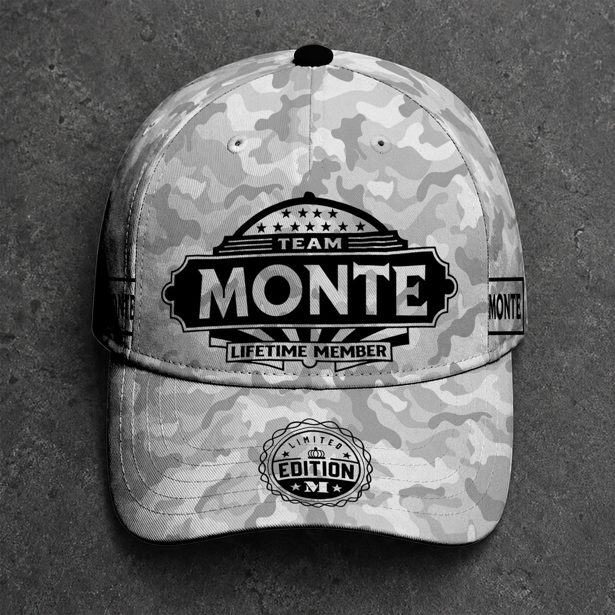 MONTE TC01 HH79 Team Your Name Hat, Personalized Camo Baseball Cap, Custom Family Gift, Gift for Him Her