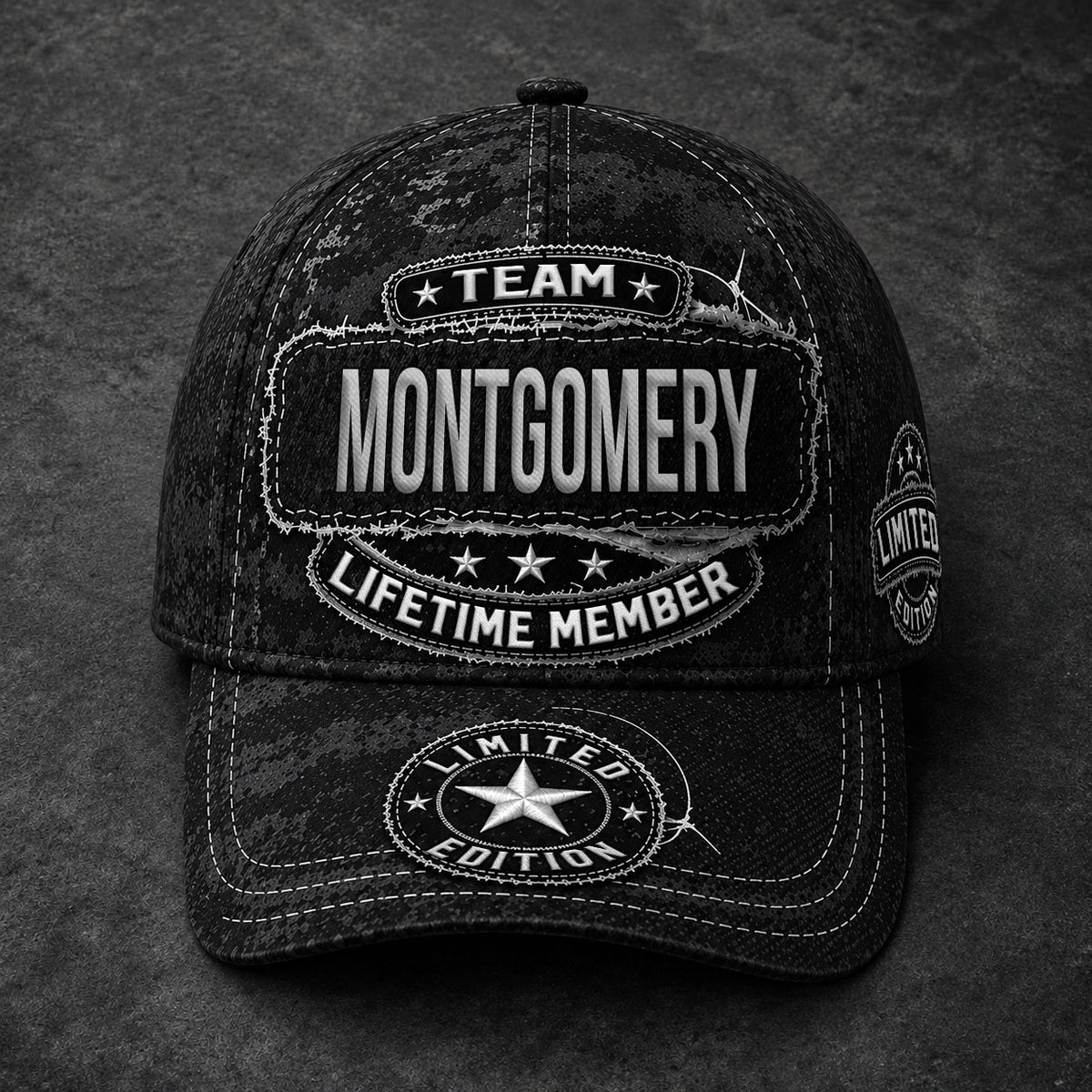 MONTGOMERY TC03 HH79  Personalized Black Camo Baseball Cap, Custom Name Family Hat