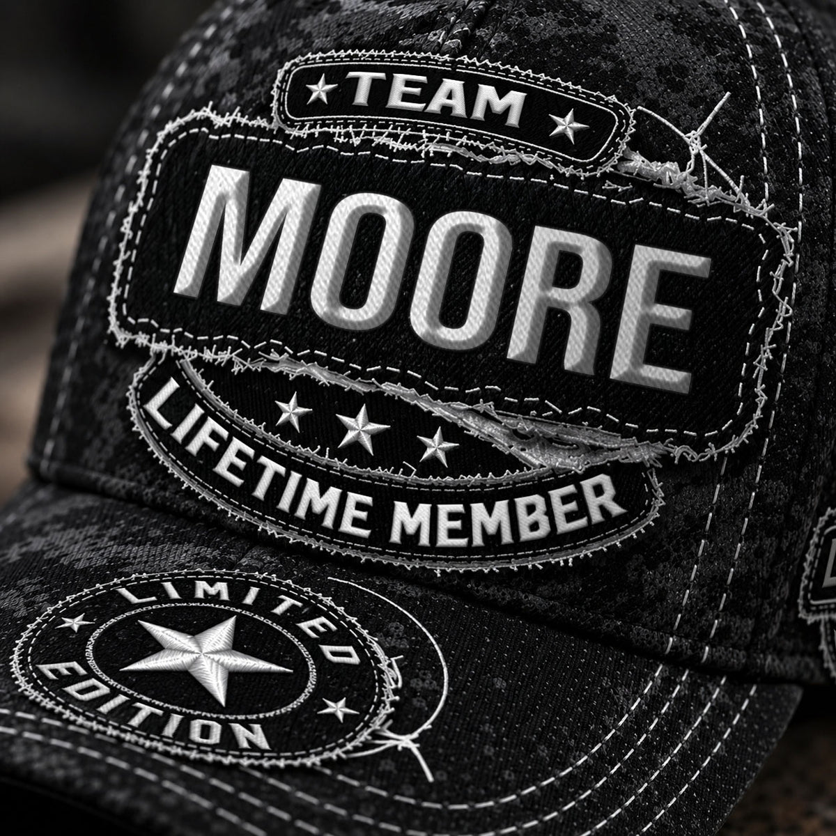 MOORE TC03 HH79  Personalized Black Camo Baseball Cap, Custom Name Family Hat