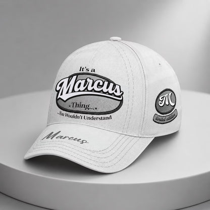 MARCUS  TC05 HH79  Personalized Distressed Baseball Cap, Custom Retro Trucker Hat, Statement Dad Cap, White version