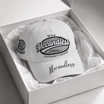 MCCANDLESS  TC05 HH79  Personalized Distressed Baseball Cap, Custom Retro Trucker Hat, Statement Dad Cap, White version