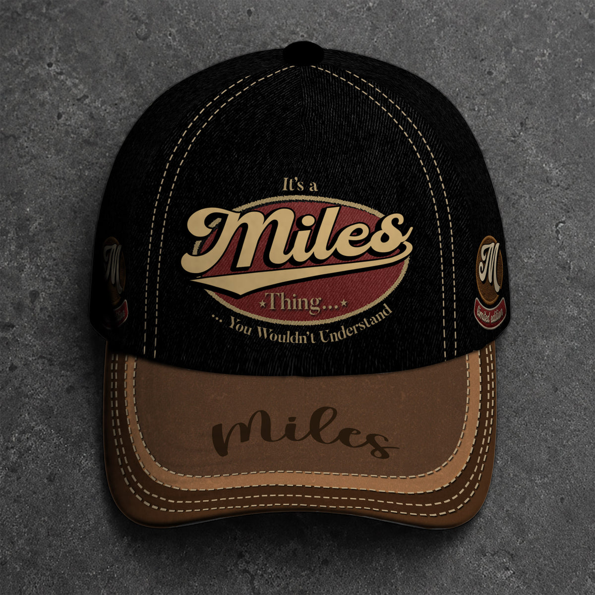 MILES  TC06 HH79 Personalized Distressed Baseball Cap, Custom Retro Trucker Hat, Statement Dad Cap