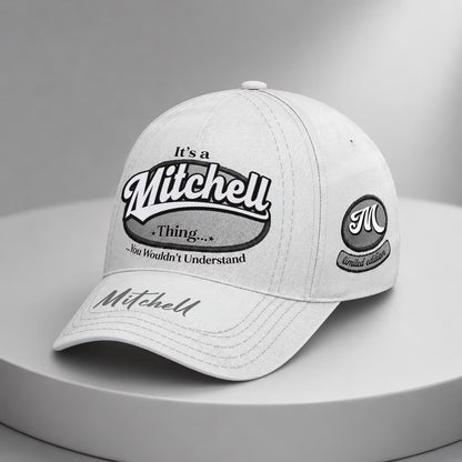 MITCHELL  TC05 HH79  Personalized Distressed Baseball Cap, Custom Retro Trucker Hat, Statement Dad Cap, White version