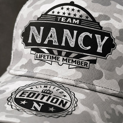 NANCY TC01 HH79 Team Your Name Hat, Personalized Camo Baseball Cap, Custom Family Gift, Gift for Him Her