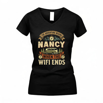 NANCY TT898-K6-229 – Personalized Funny Camping Quote Apparel “The Adventure Begins When The WiFi Ends”