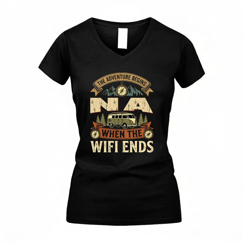 NA TT898-K6-229 – Personalized Funny Camping Quote Apparel “The Adventure Begins When The WiFi Ends”