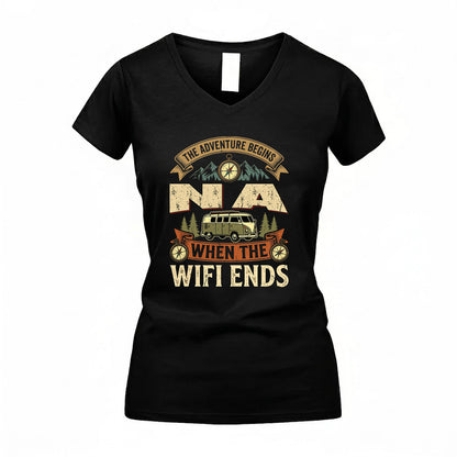 NA TT898-K6-229 – Personalized Funny Camping Quote Apparel “The Adventure Begins When The WiFi Ends”