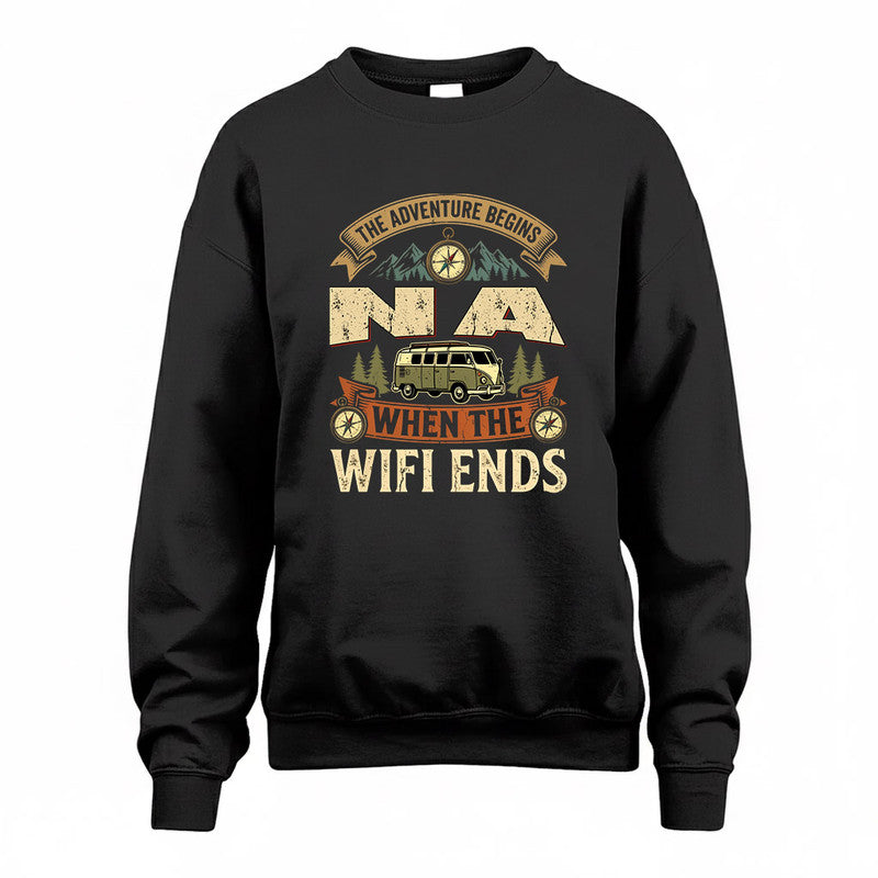 NA TT898-K6-229 – Personalized Funny Camping Quote Apparel “The Adventure Begins When The WiFi Ends”