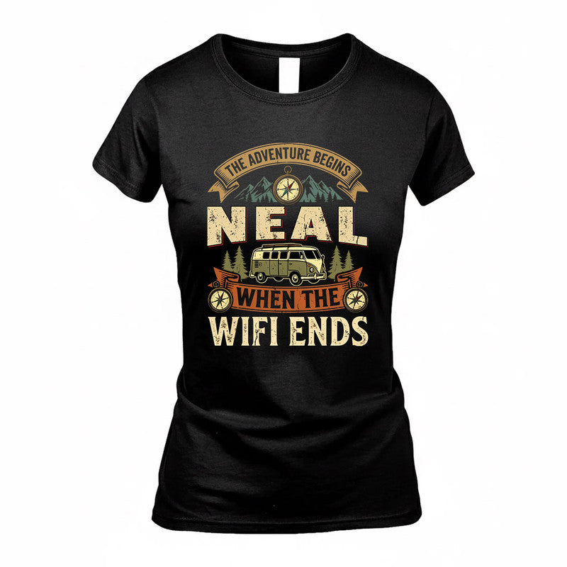 NEAL TT898-K6-229 – Personalized Funny Camping Quote Apparel “The Adventure Begins When The WiFi Ends”