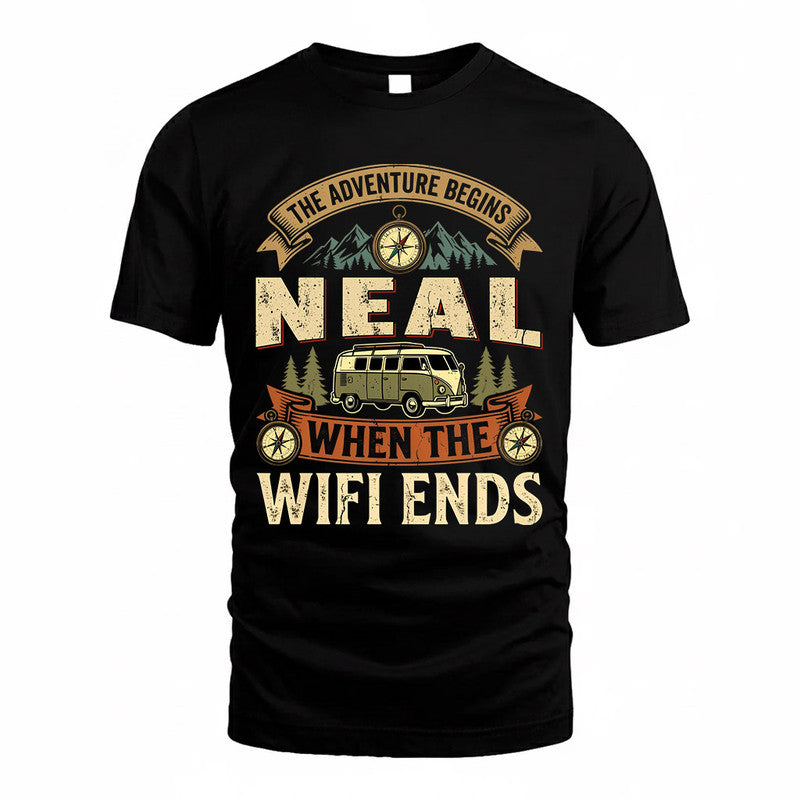 NEAL TT898-K6-229 – Personalized Funny Camping Quote Apparel “The Adventure Begins When The WiFi Ends”