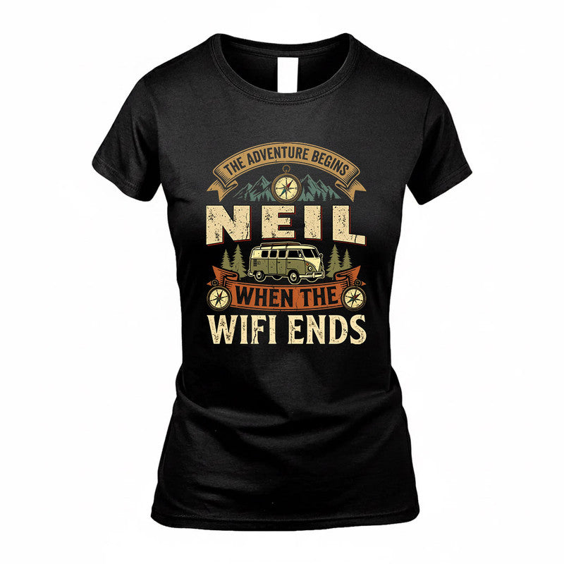 NEIL TT898-K6-229 – Personalized Funny Camping Quote Apparel “The Adventure Begins When The WiFi Ends”