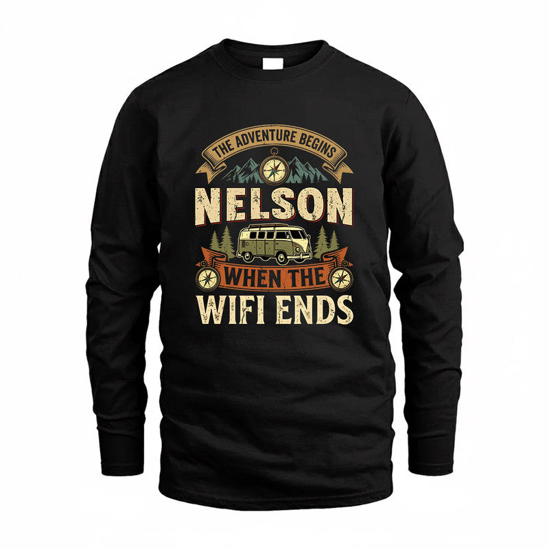 NELSON TT898-K6-229 – Personalized Funny Camping Quote Apparel “The Adventure Begins When The WiFi Ends”