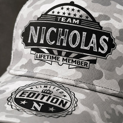 NICHOLAS TC01 HH79 Team Your Name Hat, Personalized Camo Baseball Cap, Custom Family Gift, Gift for Him Her