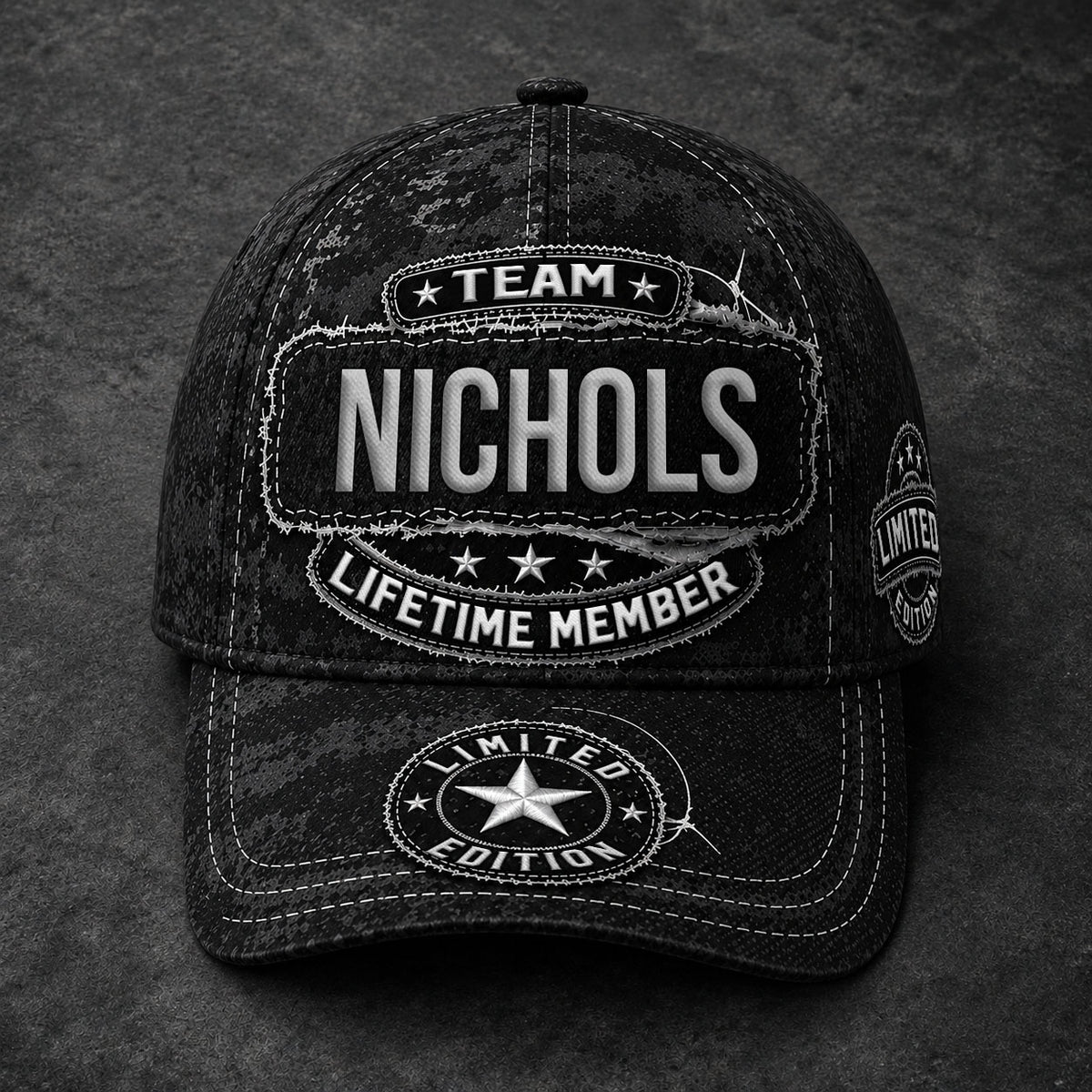 NICHOLS TC03 HH79  Personalized Black Camo Baseball Cap, Custom Name Family Hat