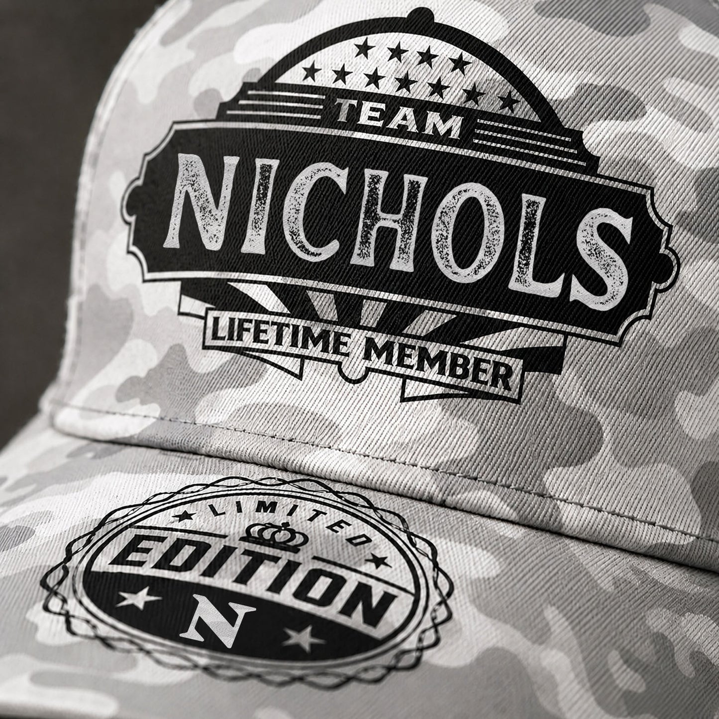 NICHOLS TC01 HH79 Team Your Name Hat, Personalized Camo Baseball Cap, Custom Family Gift, Gift for Him Her