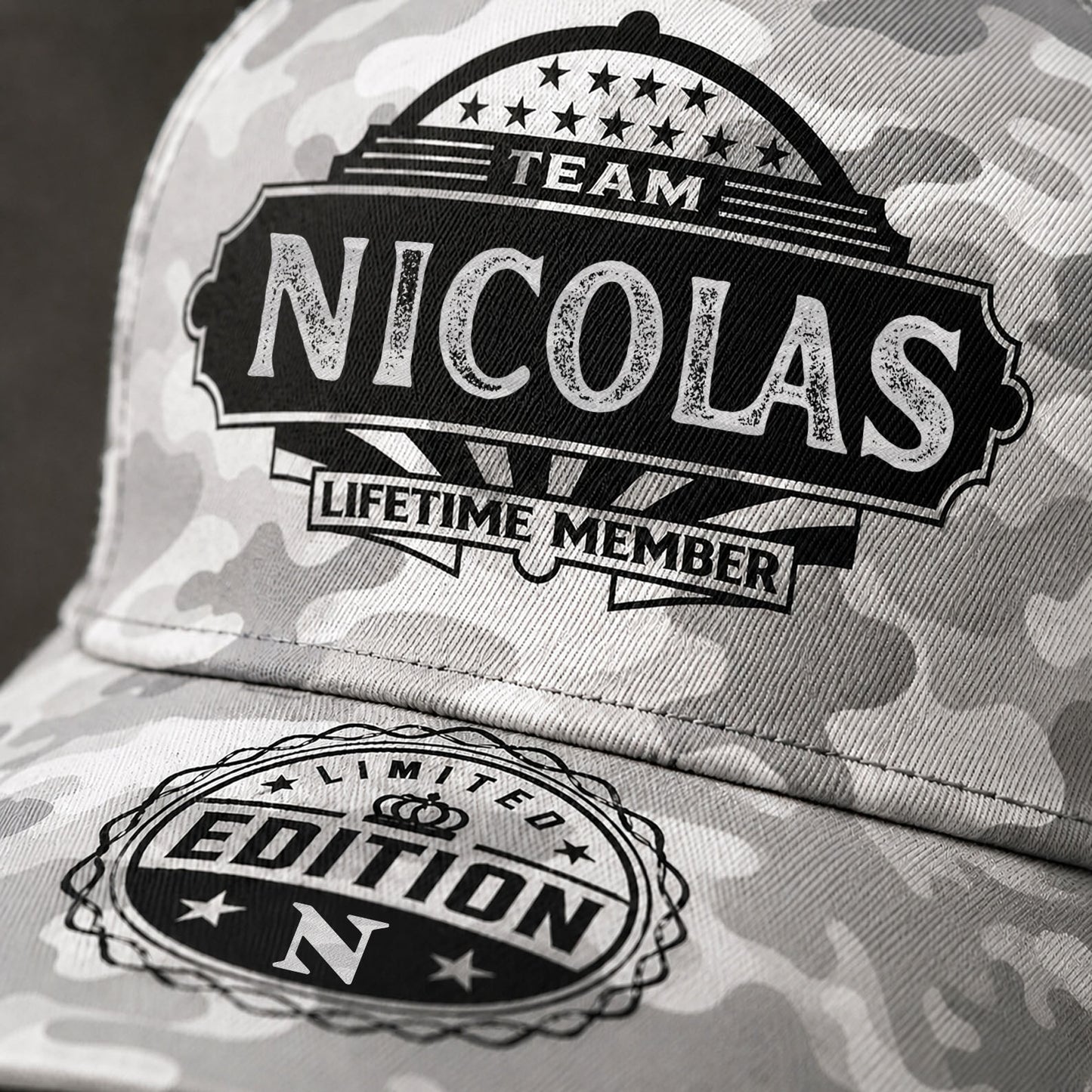 NICOLAS TC01 HH79 Team Your Name Hat, Personalized Camo Baseball Cap, Custom Family Gift, Gift for Him Her