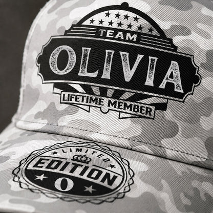 OLIVIA TC01 HH79 Team Your Name Hat, Personalized Camo Baseball Cap, Custom Family Gift, Gift for Him Her