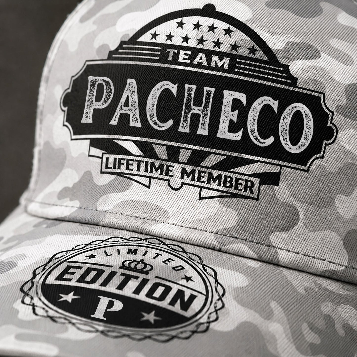 PACHECO TC01 HH79 Team Your Name Hat, Personalized Camo Baseball Cap, Custom Family Gift, Gift for Him Her