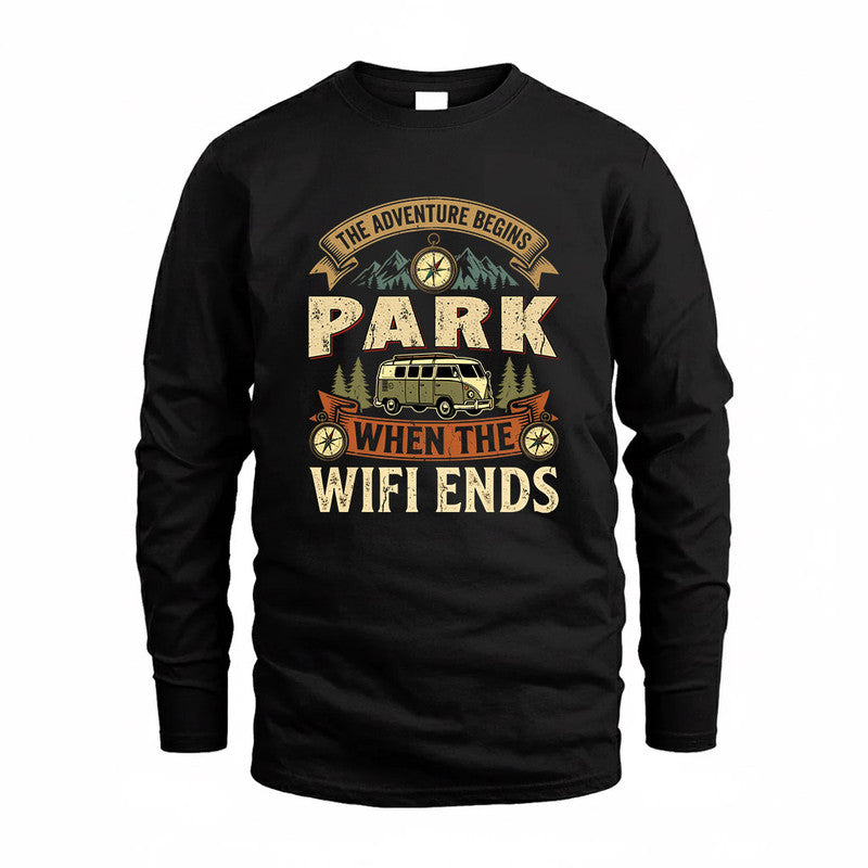 PARK TT898-K6-229 – Personalized Funny Camping Quote Apparel “The Adventure Begins When The WiFi Ends”