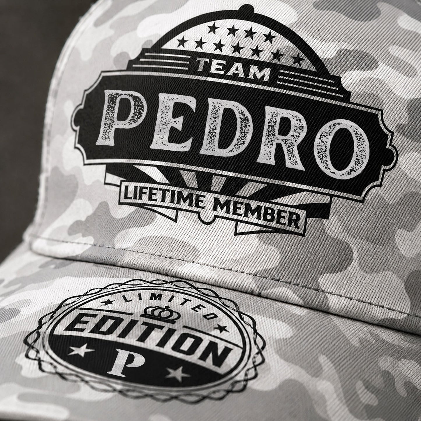 PEDRO TC01 HH79 Team Your Name Hat, Personalized Camo Baseball Cap, Custom Family Gift, Gift for Him Her