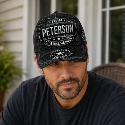 PETERSON TC03 HH79  Personalized Black Camo Baseball Cap, Custom Name Family Hat