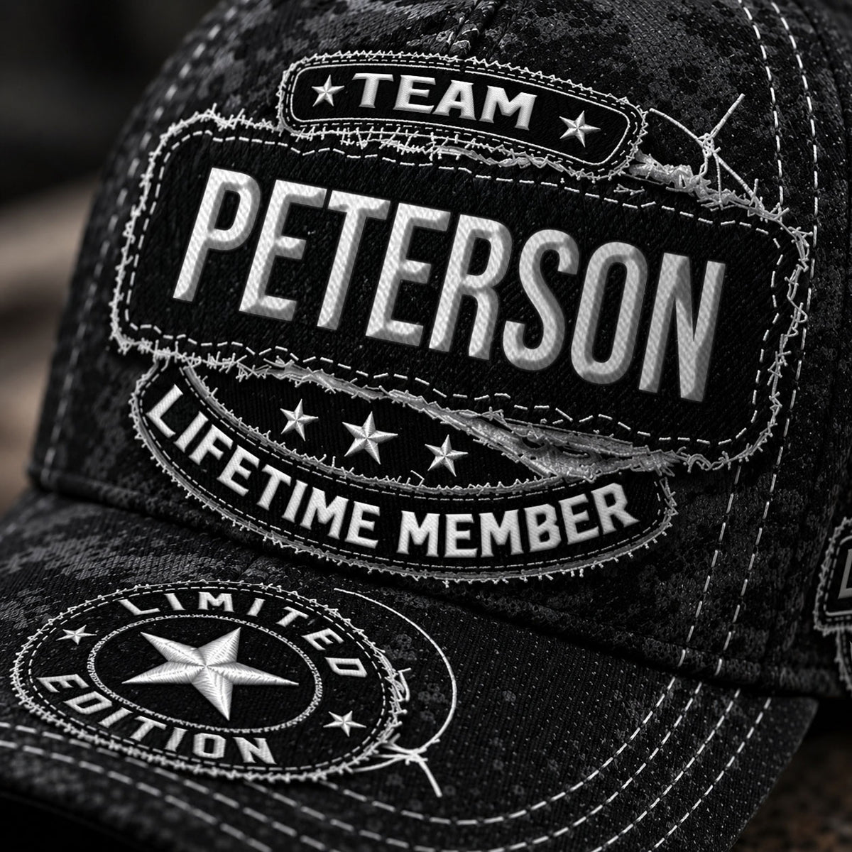PETERSON TC03 HH79  Personalized Black Camo Baseball Cap, Custom Name Family Hat